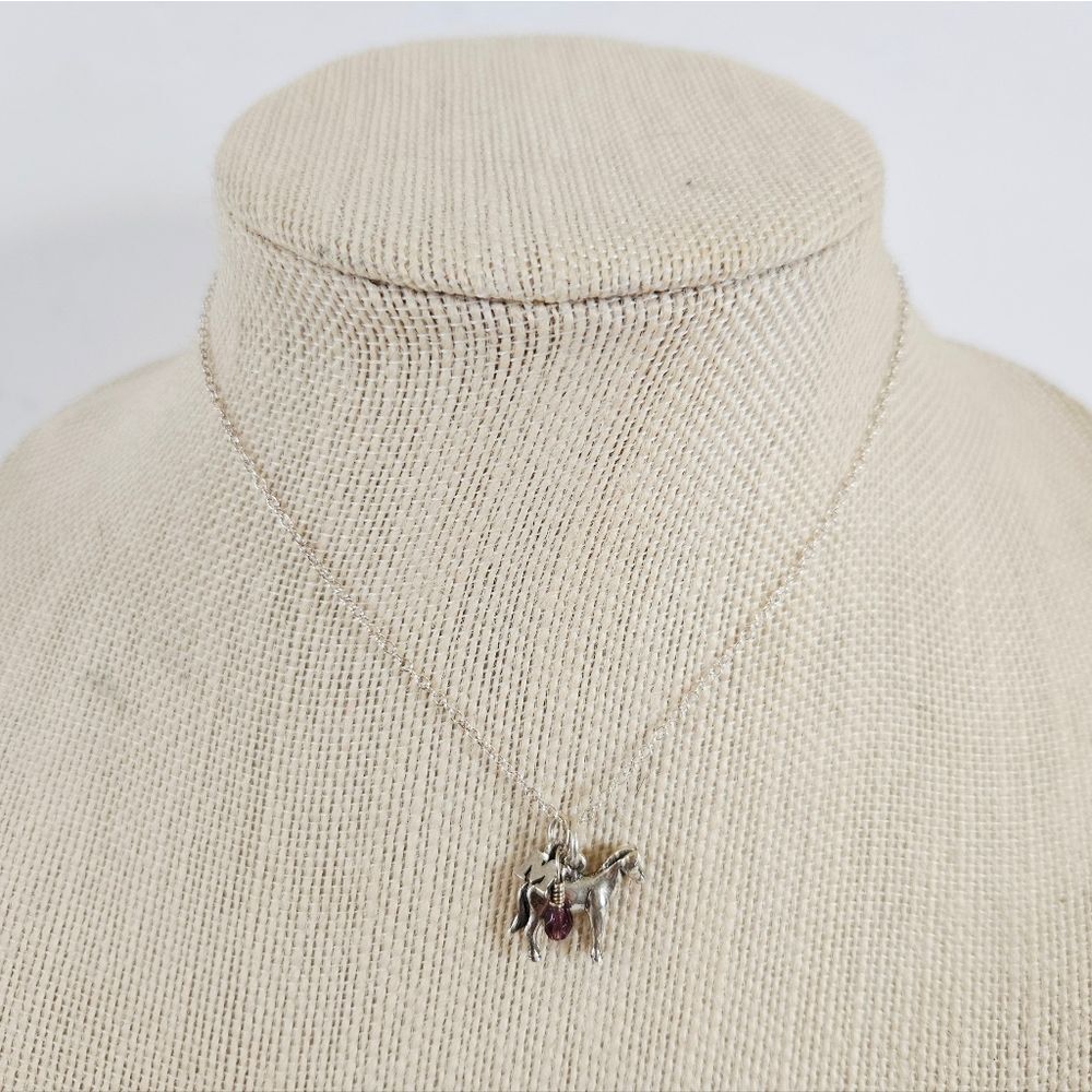Vintage Sterling Silver Signed 925 Horse Charm M Initial Amethyst Necklace Chain